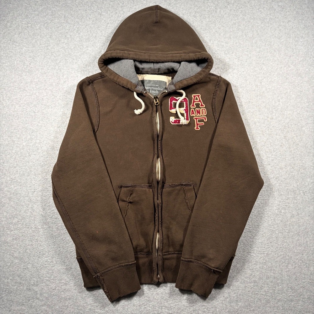 Abercrombie & Fitch Full Zip Hoodie Mens Large Brown Distressed A&F Logo 92